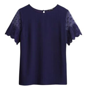 Papermoon | Navy Louise Mixed Material Laser Cut Blouse | L